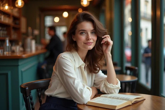 Jeune femme française prénommée Manon lisant un livre vintage dans un café parisien typique