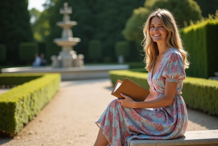 Femme lisant Manon Lescaut dans un jardin à la française évoquant l'origine littéraire du prénom Manon