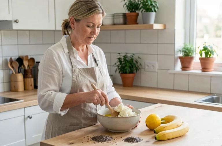 Femme préparant la crème Budwig maison avec fromage blanc et huile de lin dans une cuisine moderne