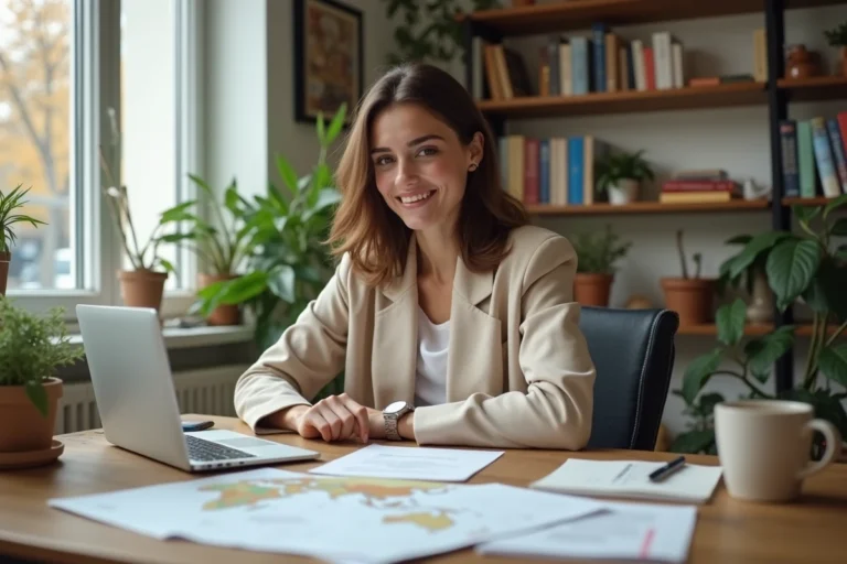 Jeune femme préparant ses documents administratifs pour travailler à l'étranger depuis son bureau à domicile