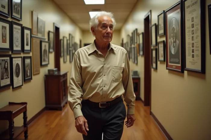Producteur de musique chevronné marchant dans un couloir de maison de disques orné de disques de platine et d'affiches de tournées historiques