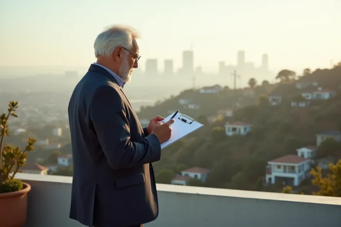 Producteur musical prospère sur une terrasse avec vue panoramique sur Hollywood Hills et Los Angeles