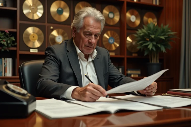 Producteur de musique expérimenté assis à son bureau dans un bureau exécutif de Los Angeles entouré de disques d'or et de contrats