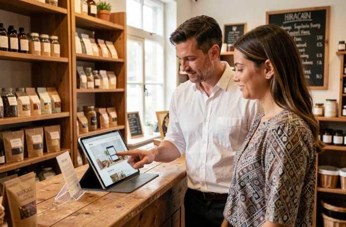 Propriétaire d'une PME et collaboratrice consultant une solution e-commerce sur-mesure sur tablette dans une boutique indépendante