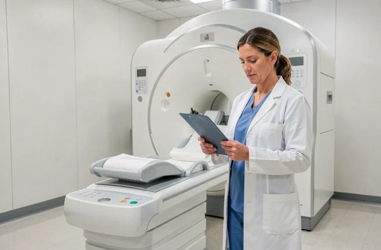 Radiologue en blouse blanche devant un appareil IRM dans un service de radiologie hospitalier en France