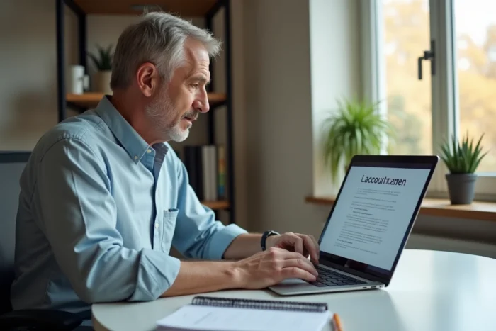 Homme recherchant une aide juridique en droit du travail en ligne depuis son bureau à domicile avec un ordinateur portable