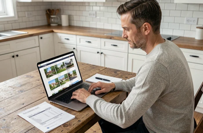 Homme recherchant des services immobiliers en ligne sur son ordinateur portable dans un appartement rénové