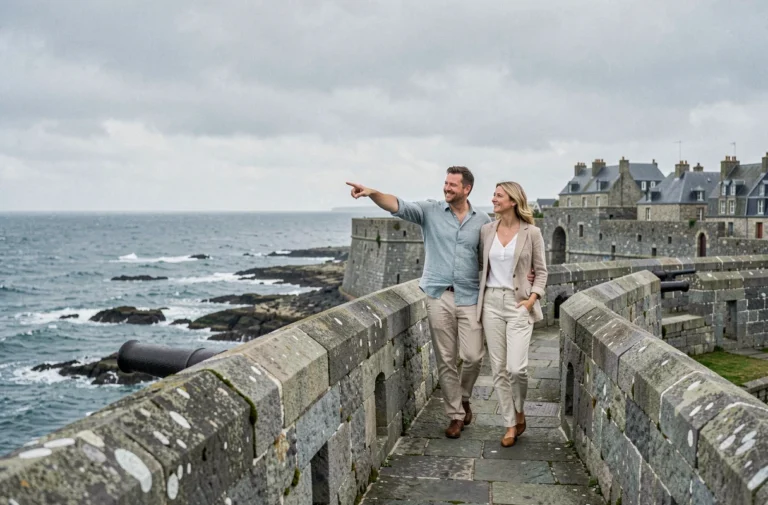 Couple se promenant sur les remparts de Saint-Malo avec vue panoramique sur la côte bretonne et la mer