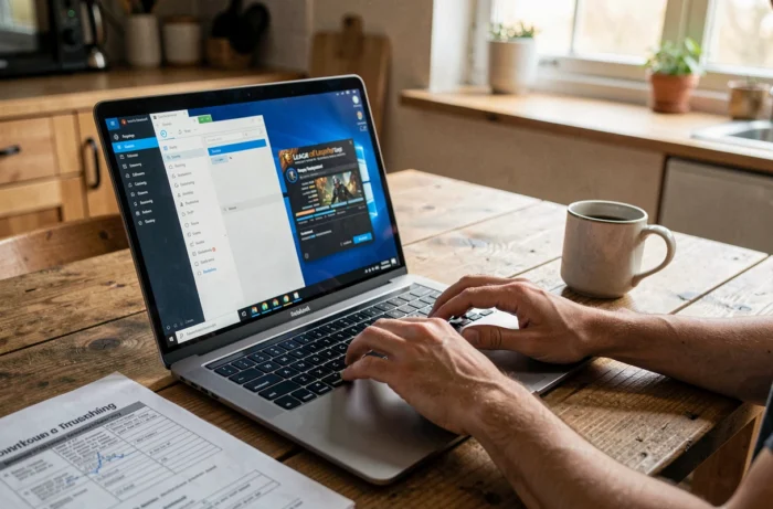Mains utilisant l'outil de réparation de League of Legends sur un laptop posé sur une table en bois avec une checklist de dépannage