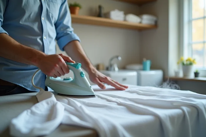 Homme repassant soigneusement une chemise blanche avant de sortir pour un look impeccable