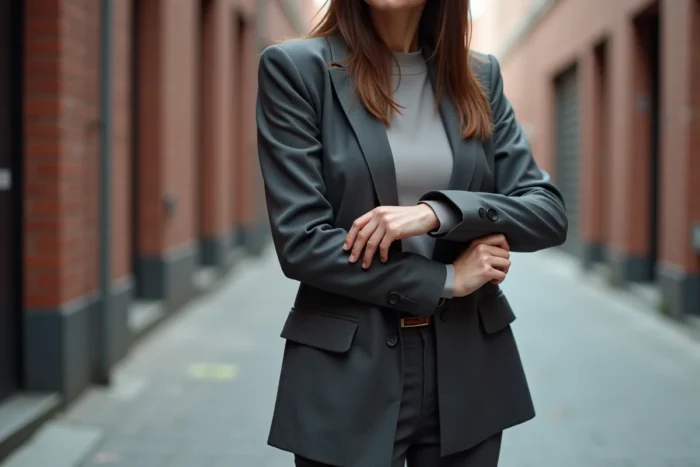 Femme retroussant les manches de son blazer et les ourlets de son pantalon pour structurer sa silhouette