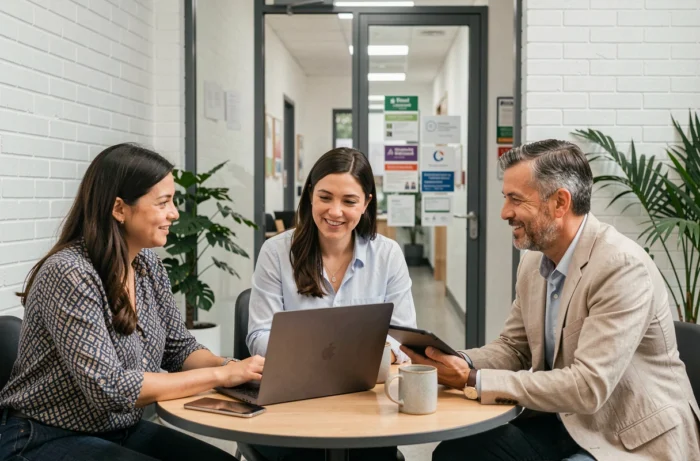 Réunion d'élus locaux autour d'outils numériques dans un espace de co-working municipal