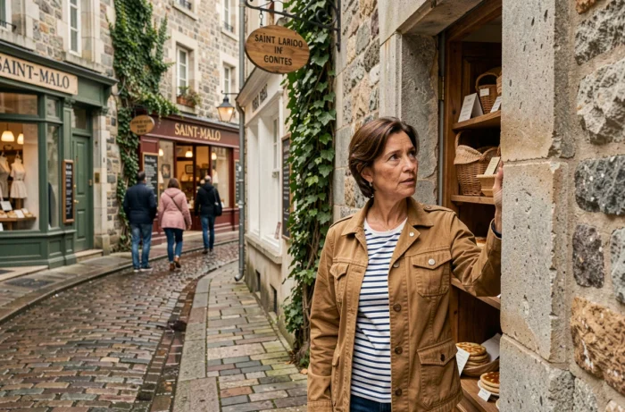 Femme découvrant les ruelles pavées et boutiques artisanales du centre historique de Saint-Malo intra-muros