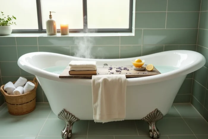 Salle de bain cocooning avec baignoire sur pieds, pétales de lavande et accessoires de spa naturels faits maison