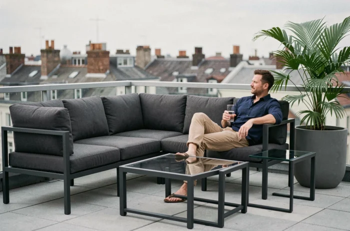 Salon de jardin modulable anthracite sur une terrasse urbaine avec vue sur les toits de la ville