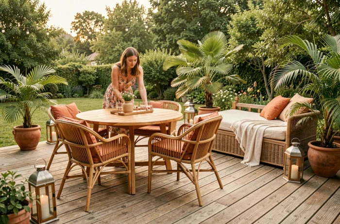 Terrasse en bois avec salon de jardin bohème en rotin et acacia, ambiance estivale chaleureuse