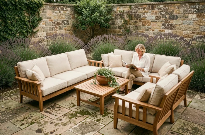 Grand salon de jardin en teck avec canapé et table basse sur une terrasse en pierre de style provençal