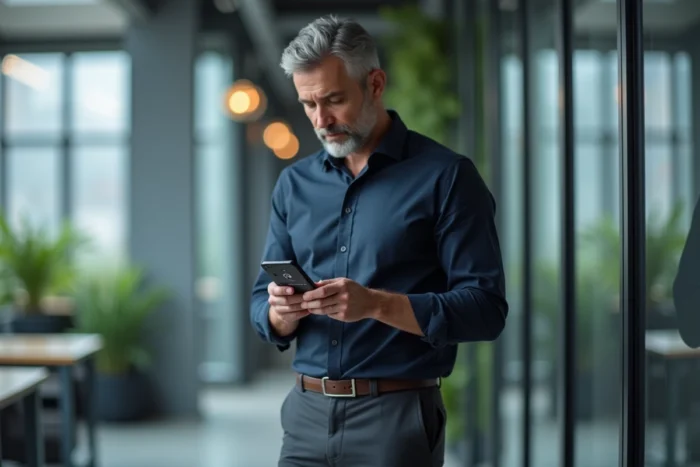 Homme en environnement professionnel configurant le verrouillage d'une application sur son téléphone Android pour sécuriser ses données