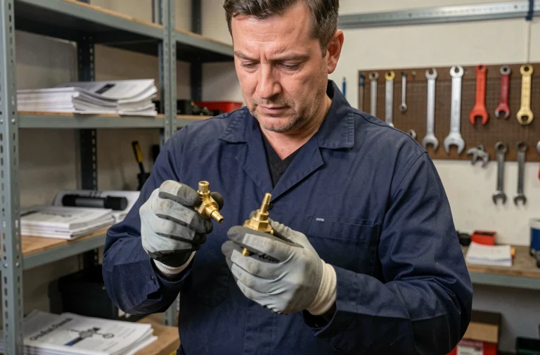 Technicien comparant deux gicleurs gaz en laiton, un pour gaz de ville et un pour bouteille, dans un atelier professionnel