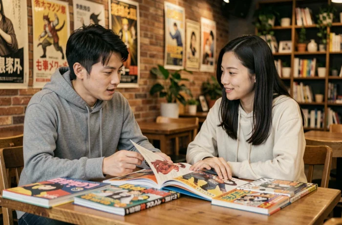 Deux jeunes adultes discutant des dernières nouveautés Bankai autour d'un art book dans un café japonais en 2024