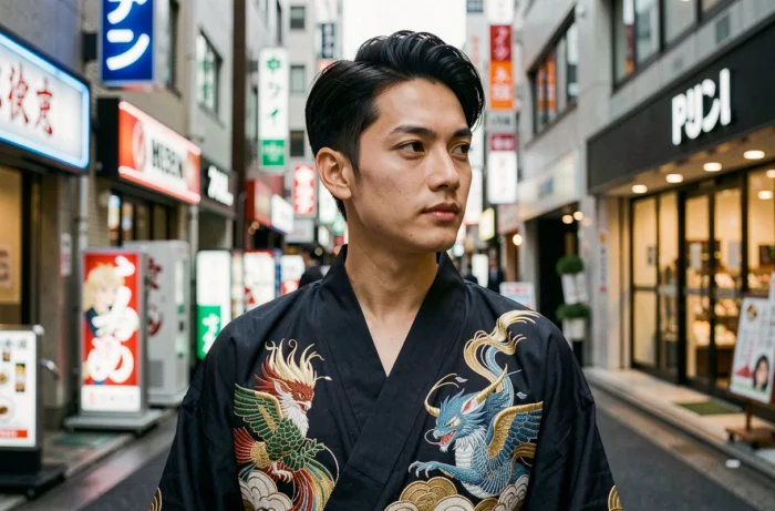 Jeune homme portant une veste kimono moderne inspirée de l'univers Bankai dans une rue urbaine de Tokyo en 2024