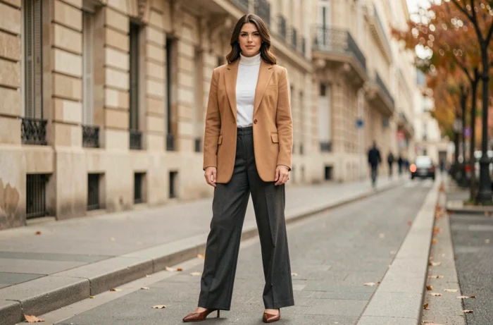 Femme élégante portant un blazer camel oversize et un pantalon large à Paris, style mode automne tendances actuelles