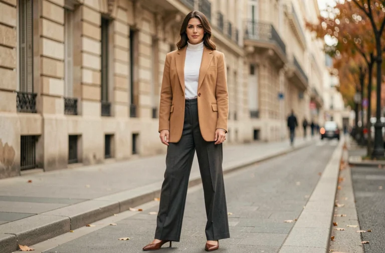 Femme élégante portant un blazer camel oversize et un pantalon large à Paris, style mode automne tendances actuelles