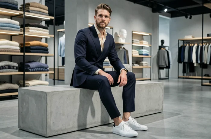 Homme stylé en costume bleu marine double boutonnage et sneakers blanches dans un concept store moderne, tendances mode masculine