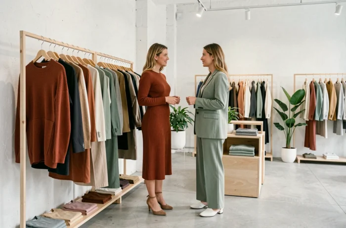 Deux femmes élégantes consultant des vêtements tendance dans une boutique de mode minimaliste, co-ord vert sauge et robe tricot rouille