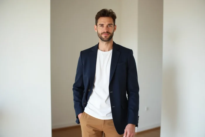 Homme portant une tenue élégante limitée à trois couleurs : marine, blanc et camel