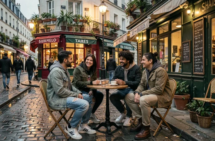 Groupe d'amis parisiens attablés en terrasse dans une rue pittoresque du Marais au crépuscule