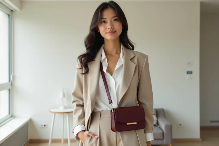 Femme en tenue aux tons neutres avec un petit sac bordeaux comme seule touche de couleur