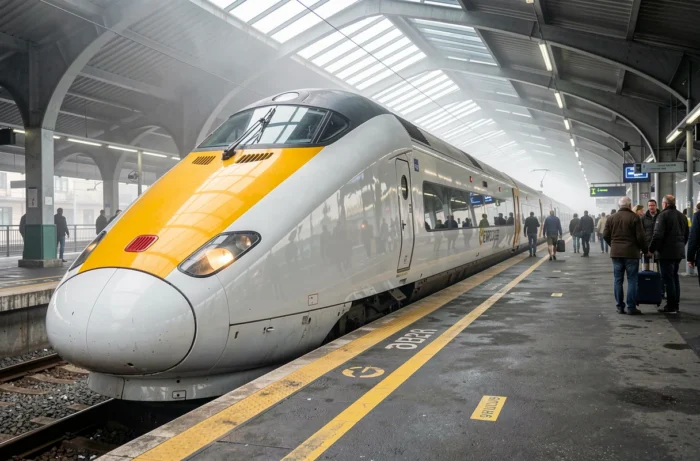 Train Eurostar en gare avec passagers à bord, vue extérieure grand angle sur le quai