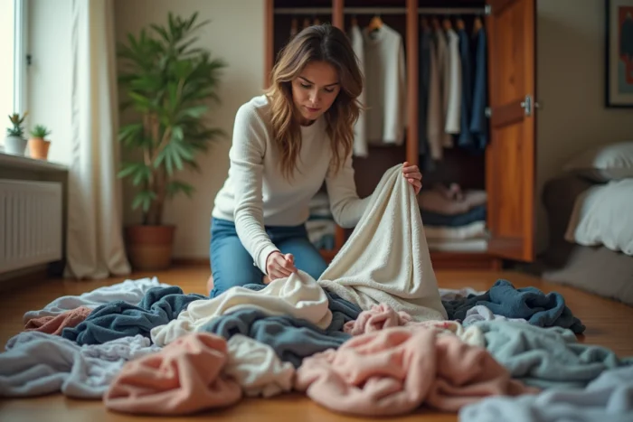 Femme faisant un tri saisonnier de sa garde-robe en sélectionnant uniquement les pièces réellement portées