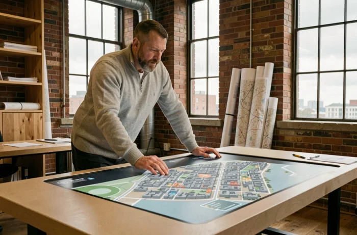 Urbaniste utilisant une table de cartographie numérique interactive dans un bureau de planification régionale