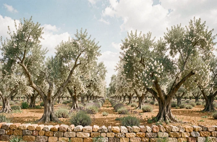 Verger d'oliviers en fleurs au printemps en Provence avec végétation sauvage et biodiversité locale