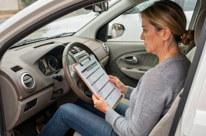 Femme vérifiant le tableau de bord et le kilométrage d'une voiture d'occasion avant achat