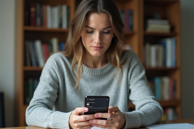 Femme utilisant les paramètres de sécurité sur un smartphone Android pour verrouiller une application et protéger ses données personnelles