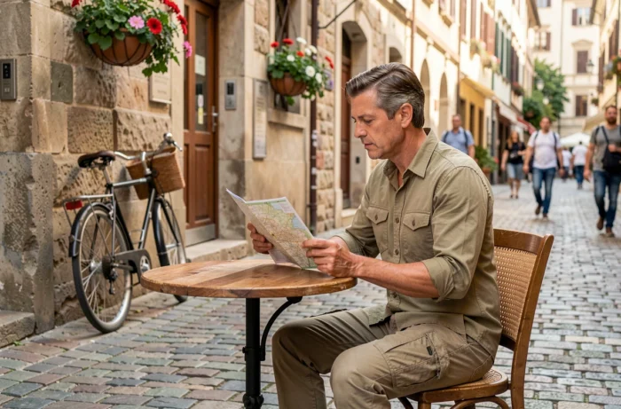 Voyageur consultant une carte papier assis à une terrasse de café dans une rue pavée européenne