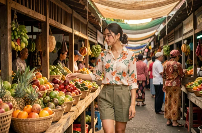 Jeune femme explorant un marché en plein air coloré en Asie du Sud-Est avec des étals de fruits tropicaux