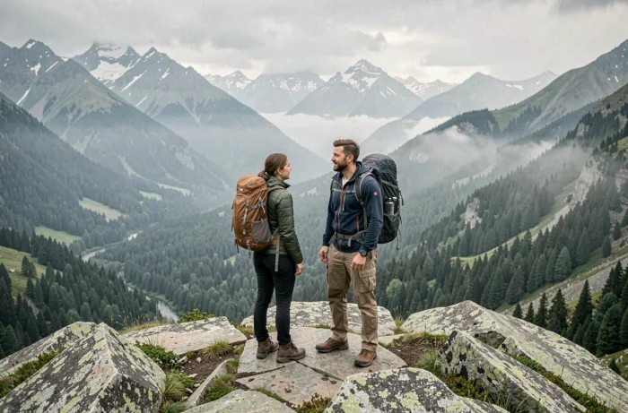 Deux amis avec des sacs à dos face à un panorama de montagnes enneigées et de vallée verdoyante dans la brume