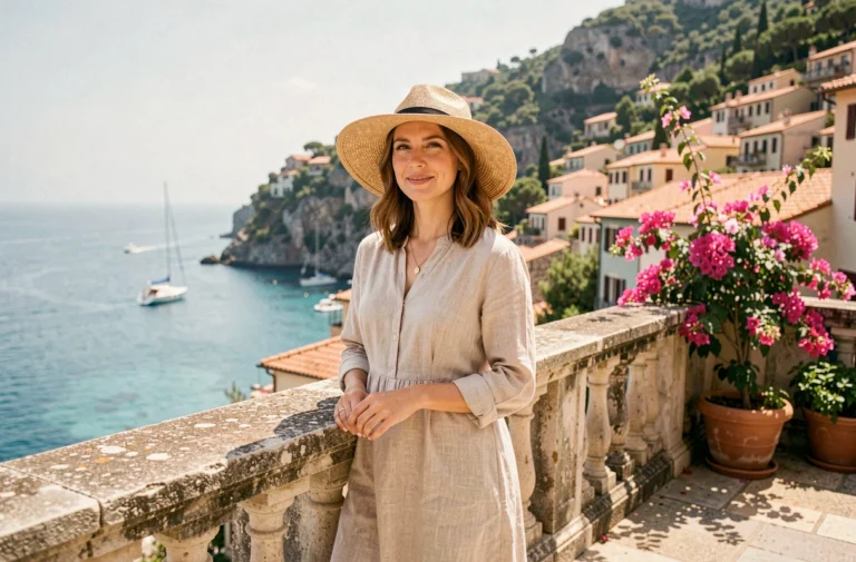 Femme en robe de lin sur une terrasse méditerranéenne avec vue sur une baie turquoise et des toits en terre cuite