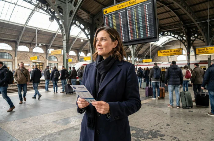 Voyageuse tenant un billet Eurostar sur le quai de la Gare du Nord à Paris, devant le panneau des départs