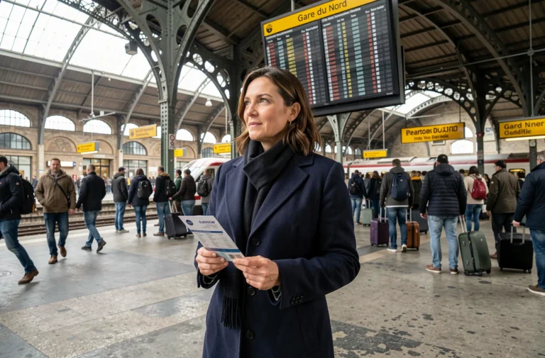 Voyageuse tenant un billet Eurostar sur le quai de la Gare du Nord à Paris, devant le panneau des départs
