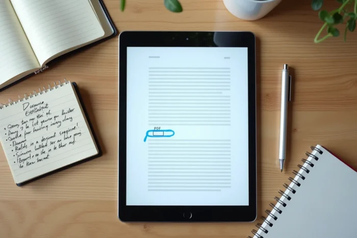 Vue de dessus d'une tablette affichant un document PDF avec texte OCR sélectionnable, posée sur un bureau en bois avec des notes manuscrites